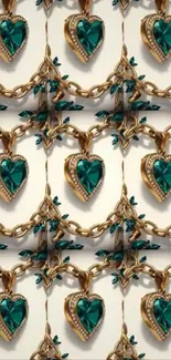 Heart pendants pattern with gold chains and green gemstones.