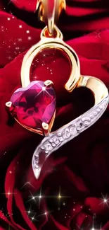 Elegant heart-shaped pendant with red roses background.