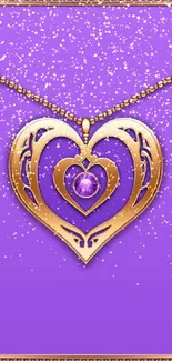 Elegant gold heart pendant on purple background with gemstone.