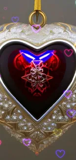 Ornate heart pendant with glowing red center and gold accents.