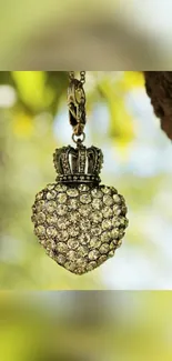 Heart-shaped pendant with gemstones hanging on a tree branch.