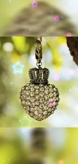 Elegant heart pendant with jewels and star accents on a dreamy background.