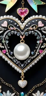 Elegant heart pendant with colorful gems and pearls on a mobile wallpaper.