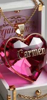 Heart-shaped gemstone pendant wallpaper with pink hues.