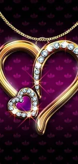 Gold heart pendant with diamonds on purple background wallpaper.