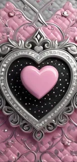 Pink heart with ornate silver design wallpaper.