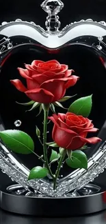 Heart-shaped crystal frame with red roses inside.