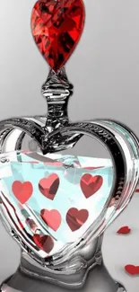 Heart-shaped crystal bottle with red accents and floating hearts.