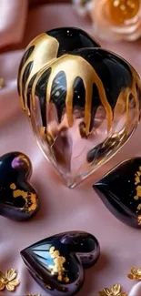 Elegant heart-shaped design with gold and black accents on a pink background.