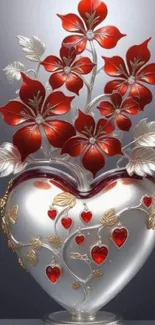 Heart-shaped vase with red flowers and gold leaves on a mobile wallpaper.