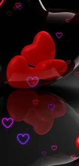 Heart-shaped glass with vibrant red hearts on black background.