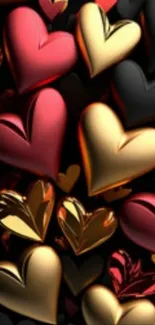 Elegant 3D heart-shaped gold, red, and black wallpaper design.