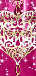 Intricate heart design on pink sparkling background.