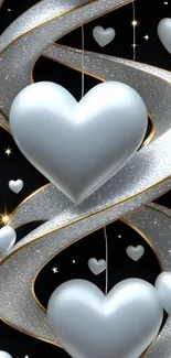 Aesthetic wallpaper with silver heart spirals on a dark background.