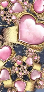 Elegant pink and gold heart-themed mobile wallpaper.