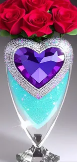 Heart-shaped vase with roses and purple gemstone.