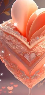 Elegant heart-shaped vase vase with intricate floral designs in peach tones.