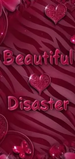 Crimson wallpaper with hearts and sparkles.