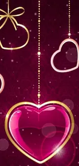 Elegant wallpaper with hearts and gold accents on a burgundy background.