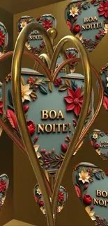 Elegant heart design with floral art and 'Boa Noite' text.