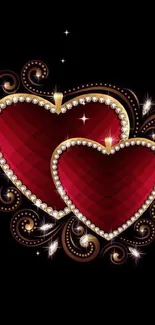 Elegant red hearts with gold on black background.