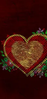 Intricate gold heart design on dark red background with floral accents.