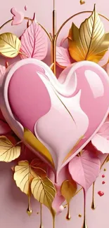 Pink heart adorned with gold leaves on wallpaper background.