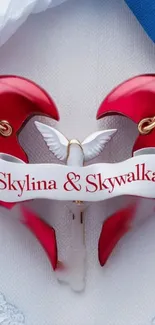 Heart pendant art with Skylina & Skywalka names in red.