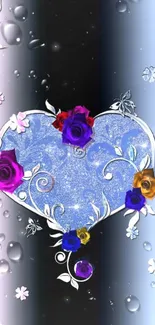 Glittery heart with roses on blue gradient background.