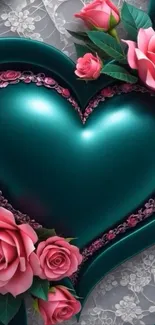 Teal heart with pink roses wallpaper.