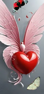 Red heart with pink wings and butterflies wallpaper.