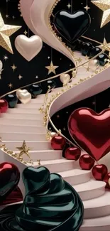Elegant staircase with hearts and stars design wallpaper.