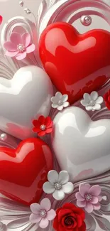 Romantic red and white hearts with flowers wallpaper.