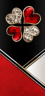 Luxurious red hearts with gold accents on a sleek black phone wallpaper.