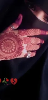 Elegant henna design on a woman's hand against a black background.