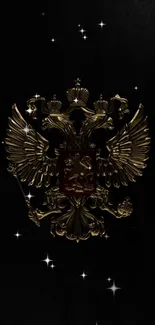 Golden heraldic emblem on black background with stars.