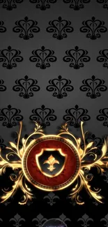 Heraldic emblem with gold accents on black floral wallpaper.