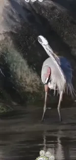 Heron standing by the water in a tranquil natural setting.
