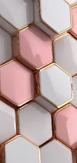 Elegant hexagonal wallpaper in soft pink, white, and gold.