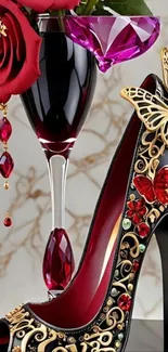 Luxurious high heel with floral and butterfly design.