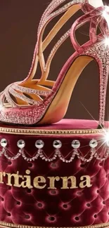 A luxurious pink high heel adorned with rhinestones on a velvet base.