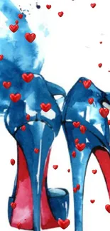 Watercolor art of blue high heels with red soles, splash background.