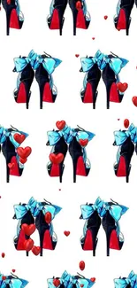 Stylish pattern of high heels with red soles and blue bows on white background.