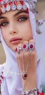 Elegant woman in hijab with traditional jewelry on a mobile wallpaper.