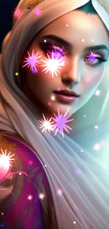 Elegant portrait of a woman in a hijab with artistic designs on mobile wallpaper.