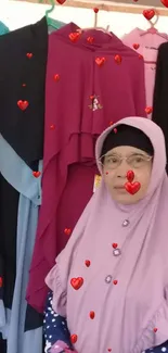 Elegant hijabs with floating red hearts background.