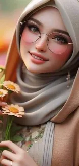 Elegant smiling woman with hijab and flowers in a warm-toned portrait wallpaper.