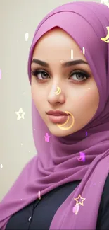 Elegant portrait of woman in purple hijab.