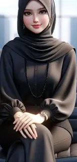 Elegant anime hijabi character in black attire.