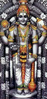 A detailed Hindu deity with vibrant, intricate patterns on a gray background.